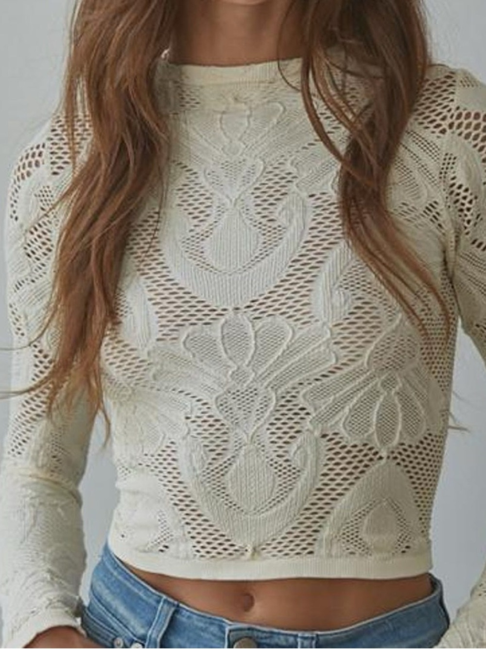 Women's Cream Crochet Lace Long-Sleeve Top